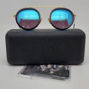 Krewe Conti Black 24K Frame Blue Mirror Lens Sunglasses w/ Case 46-24-136